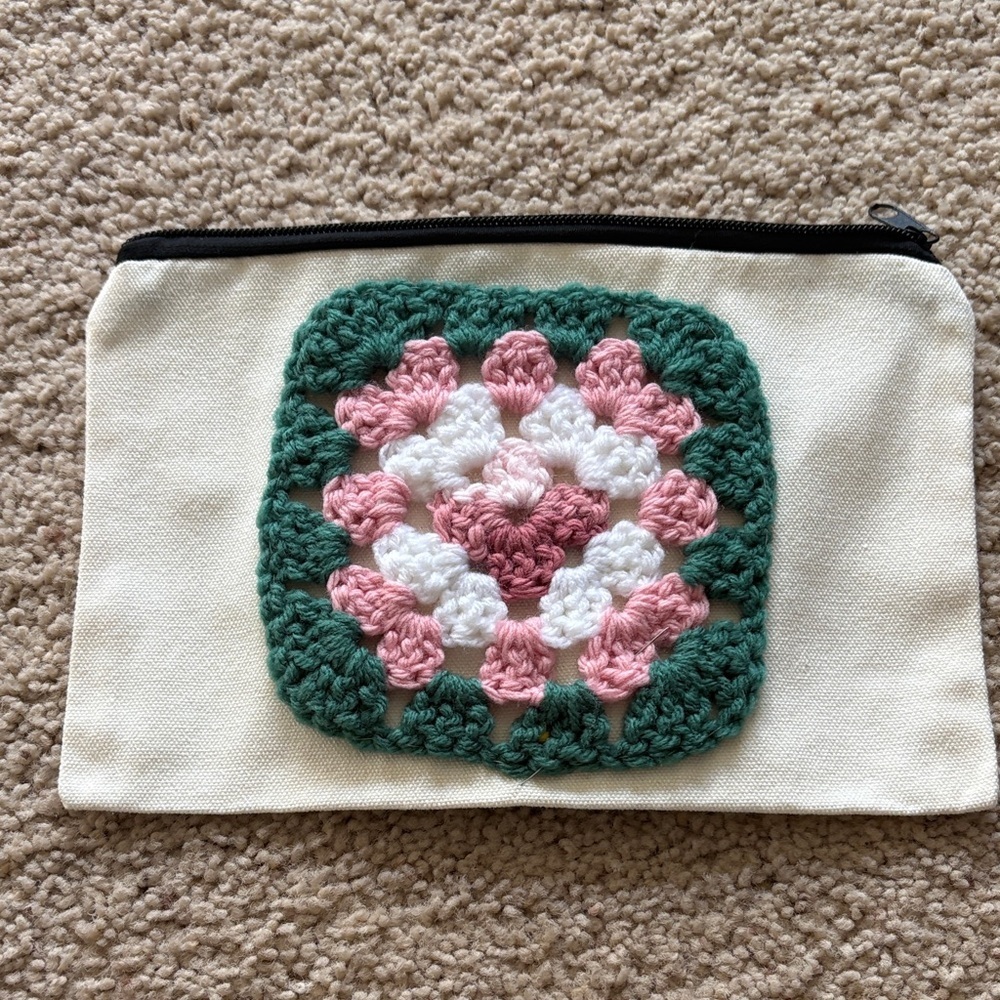 Handcrafted Crochet Cosmetic Bag - Pink, Green, and Cream